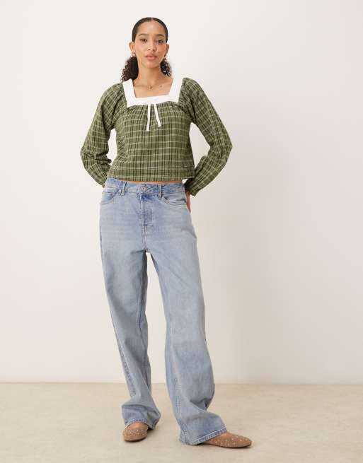 Blusa a cuadros verdes con mangas globo y cuello cuadrado de Neon Rose , 2 de 4
