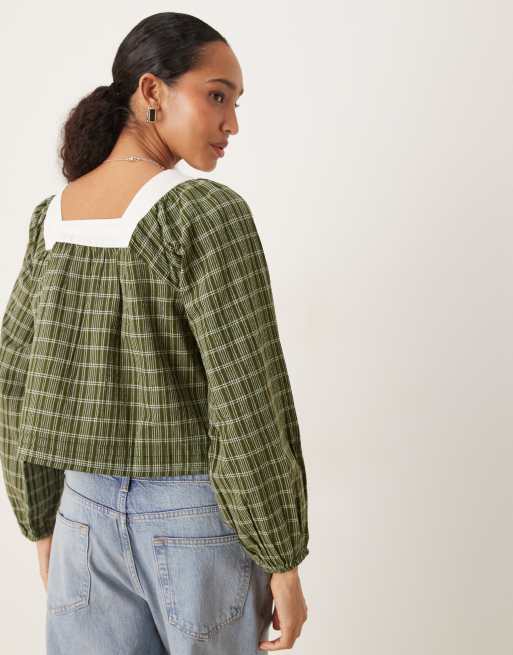 Blusa a cuadros verdes con mangas globo y cuello cuadrado de Neon Rose , 3 de 4