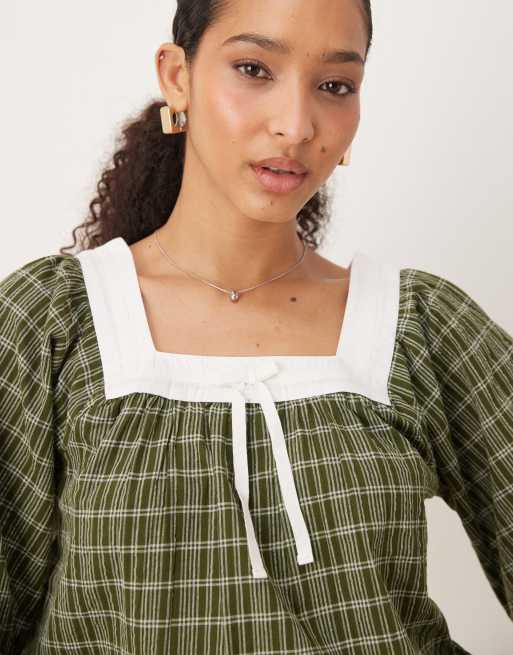 Blusa a cuadros verdes con mangas globo y cuello cuadrado de Neon Rose , 4 de 4
