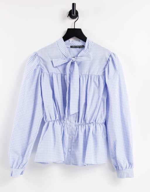 Blusa a cuadros vichy azules de manga larga con lazada en el cuello de I Saw It First