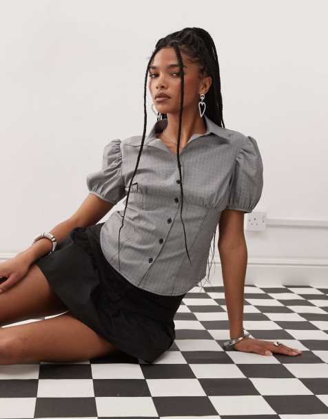 Blusa a cuadros vichy beis abotonada con mangas abullonadas Mon Cheri de Lioness - view 1