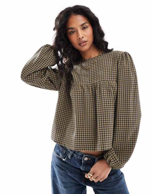 Blusa a cuadros vichy caquis amplia de manga larga de ASOS DESIGN, 2 de 4