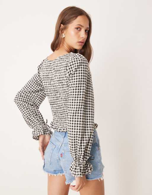 Blusa a cuadros vichy monocromáticos fruncida de algodón de ASOS DESIGN, 2 de 4