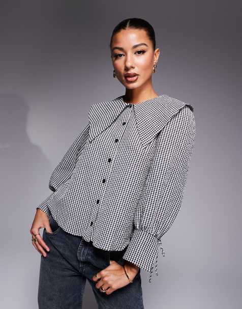 Blusa a cuadros vichy negros con solapas grandes de River Island - view 1