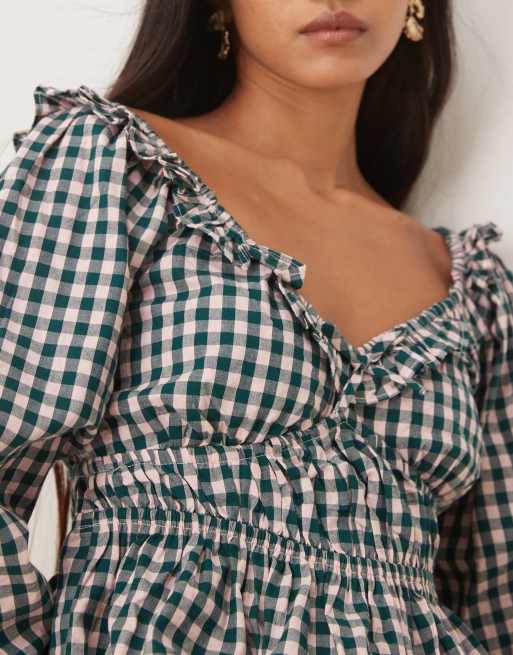 Blusa a cuadros vichy verdes de estilo mesonera de Nobody's Child, 2 de 4