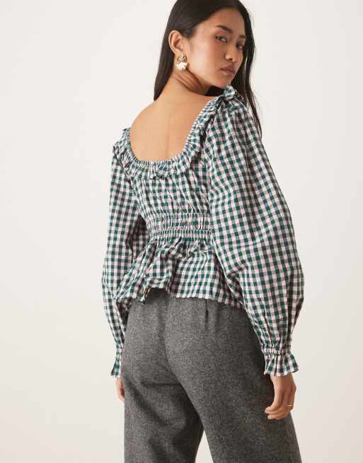 Blusa a cuadros vichy verdes de estilo mesonera de Nobody's Child, 4 de 4