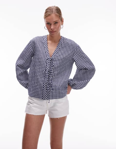 Blusa azul a cuadros vichy con cuello de pico y lazada delantera de ARKET - view 1