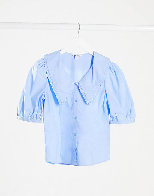 Blusa azul con cuello con solapas y mangas abullonadas Sandra de Monki
