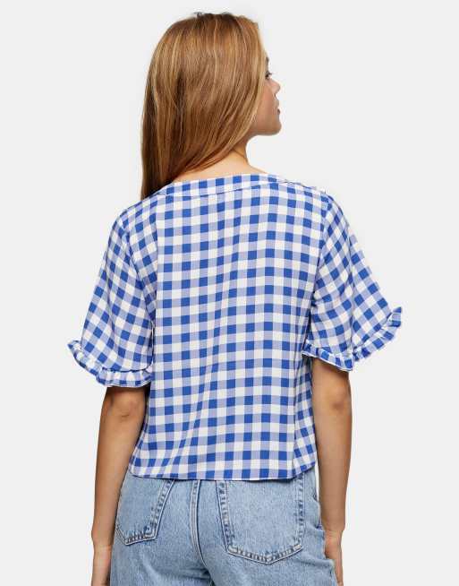 Blusa azul de cuadros vichy con volantes de Topshop, 2 de 4