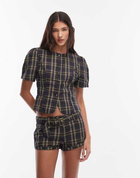 Blusa azul marino a cuadros amarillo limón con mangas abullonadas y botones de tejido rico en algodón Femme de Lioness (parte de un conjunto) - view 1