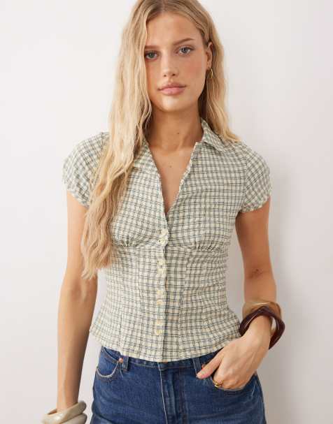 Blusa beis a cuadros vichy entallada de manga corta de Free People - view 1