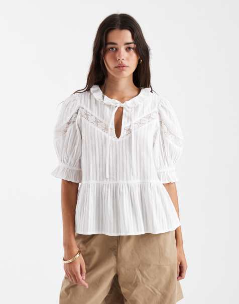 Blusa blanca a rayas con lazada en el cuello de New Look - view 1