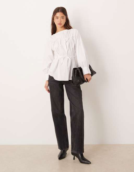 Blusa blanca fruncida con lazada delantera de popelina de ASOS DESIGN, 3 de 4
