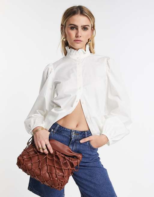 Blusa blanco hueso con cuello alto de volantes de mezcla de algodón de & Other Stories - WHITE