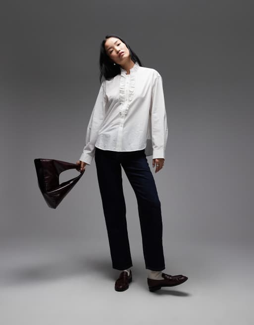 Blusa blanco hueso de manga larga con detalle de volante de algodón puro de ARKET, 3 de 4