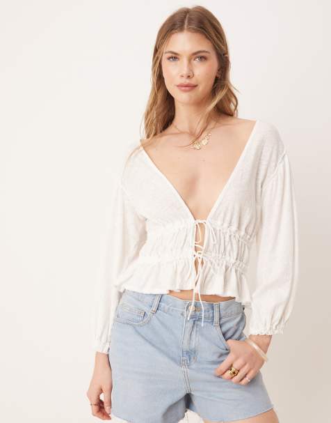 Blusa blanco marfil con lazada delantera de punto liso de Free People - view 1