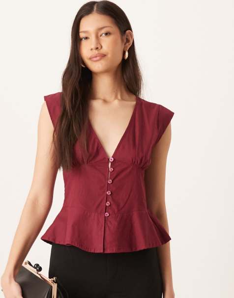 Blusa burdeos con cuello de pico de popelina Devlin de Motel - view 1