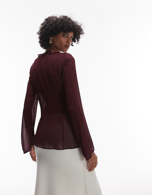 Blusa burdeos con lazada delantera y volante de chifón transparente de & Other Stories, 4 de 4