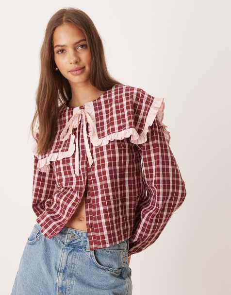 Blusa burdeos y rosa con estampado de cuadrados de tejido texturizado de Neon Rose - view 1