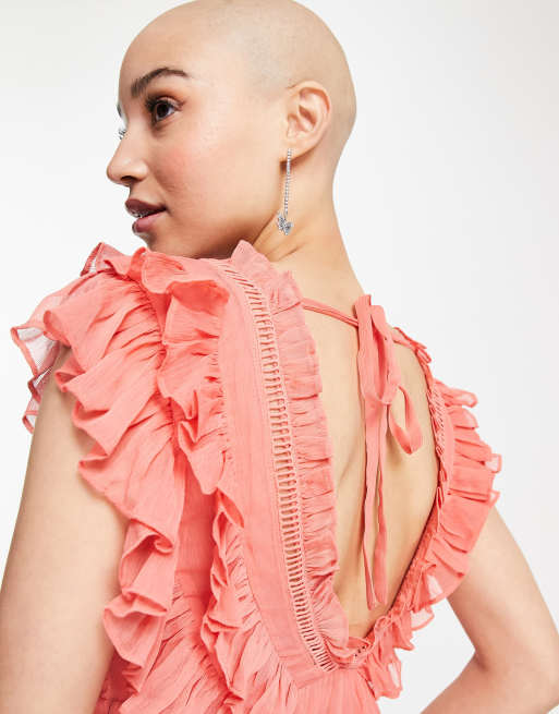 Blusa color coral de manga corta volantes y ribete de DESIGN | ASOS