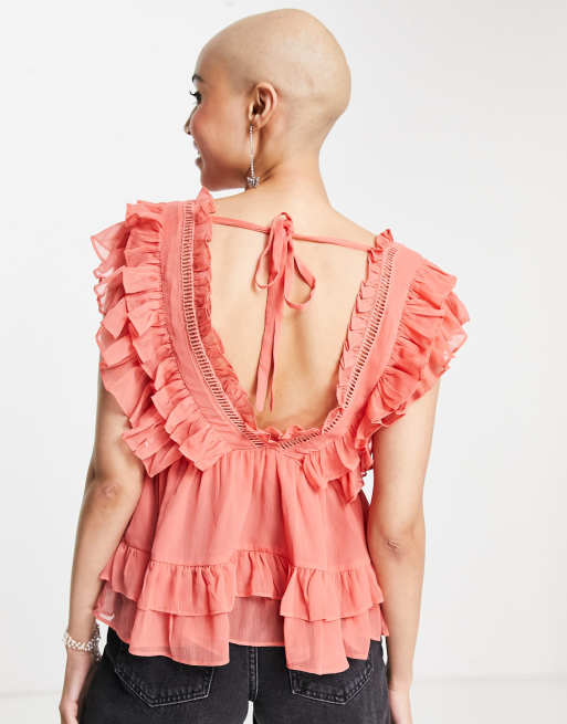 Blusa color coral de manga corta volantes y ribete de DESIGN | ASOS