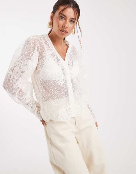 Blusa color crema con botones delanteros de encaje transparente con cordón premium de Object - view 1