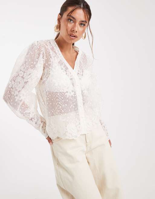 Blusa color crema con botones delanteros de encaje transparente con cordón premium de Object