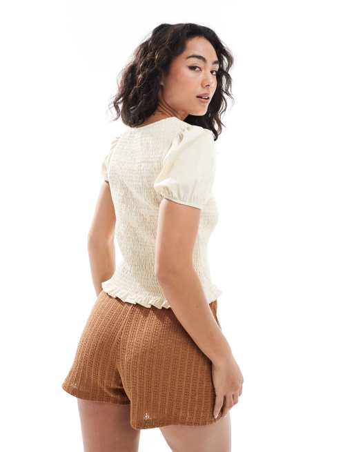 Blusa color crudo fruncida con mangas abullonadas de ASOS DESIGN, 3 de 4