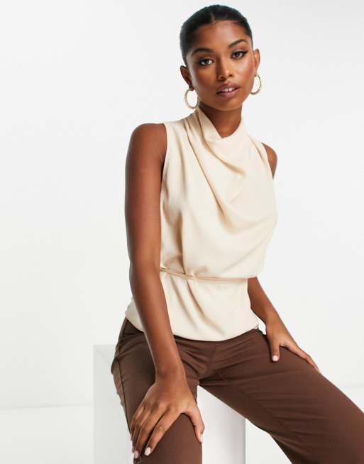 Blusa color piedra sin mangas con cuello desbocado y detalle de cintura entallada con lazada de ASOS DESIGN