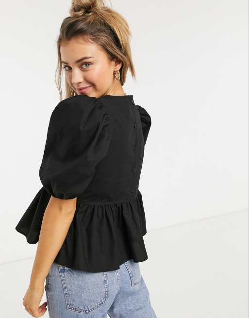 Blusa con manga abullonada de popelina de algodón orgánico en negro Melina de Monki