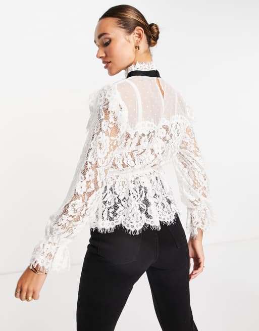 Blusa con volantes de encaje e inserto de plumeti de ASOS DESIGN