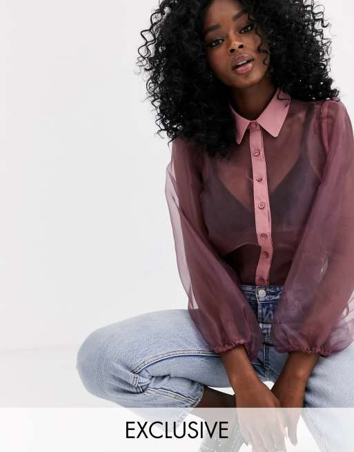 Blusa de manga larga abullonada de organza en violeta de New Look | ASOS