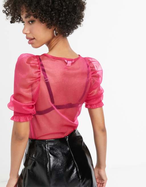 Blusa de organza con mangas abombadas en rosa fucsia de Monki, 2 de 4