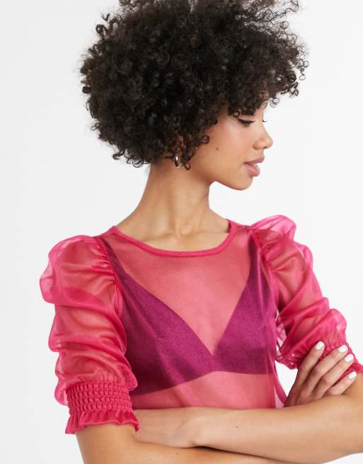 Blusa de organza con mangas abombadas en rosa fucsia de Monki, 3 de 4