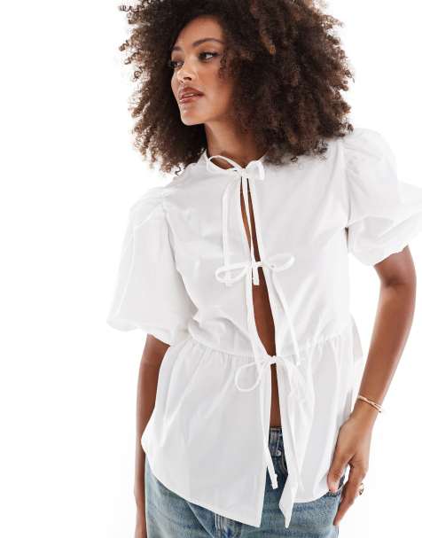 Blusa larga blanca con lazada delantera de popelina de ASOS DESIGN - view 1