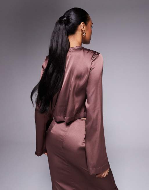 Blusa marrón chocolate con detalle de botones dobles de satén de ASOS DESIGN (parte de un conjunto), 4 de 4