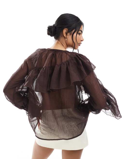 Blusa marrón chocolate de estilo bohemio con volantes de Vero Moda, 2 de 4