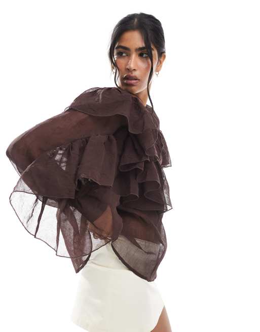 Blusa marrón chocolate de estilo bohemio con volantes de Vero Moda, 3 de 4