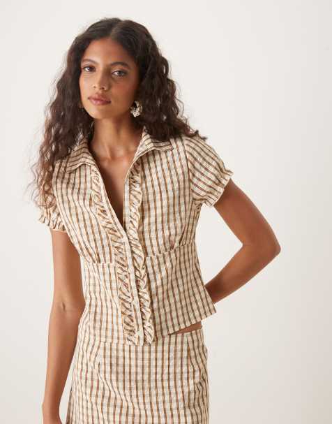 Blusa marrón con cuello de pico y estampado a cuadros Arla de Motel - view 1