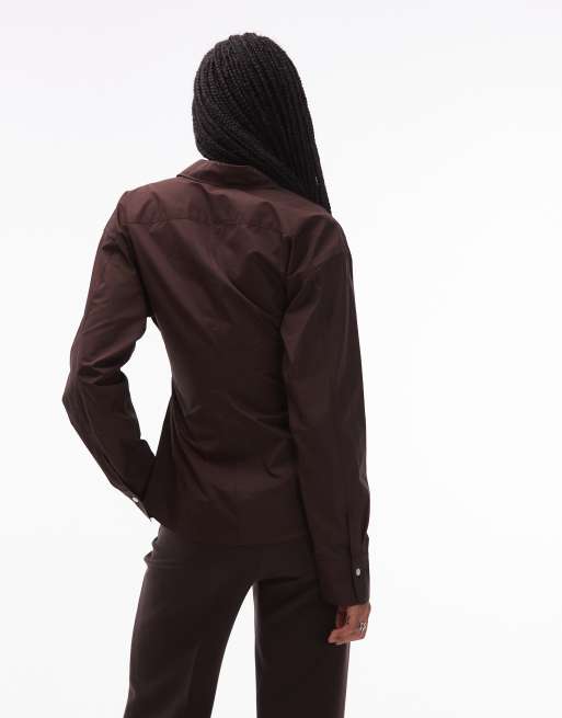 Blusa marrón cruzada de popelina de algodón de ARKET, 3 de 4