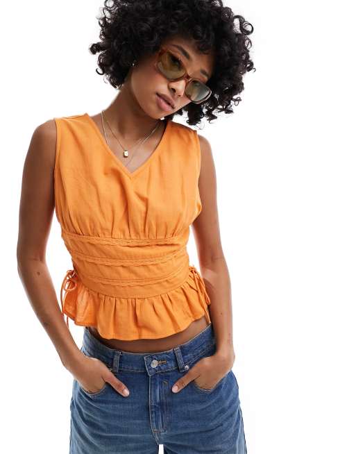 Blusa naranja con detalle de encaje de mezcla de lino de Native Youth