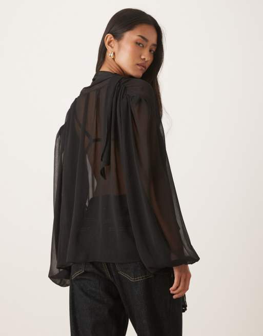 Blusa negra con detalle de fular y botones delanteros de ASOS DESIGN, 2 de 4
