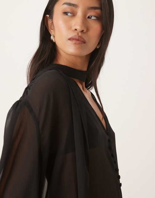 Blusa negra con detalle de fular y botones delanteros de ASOS DESIGN, 3 de 4