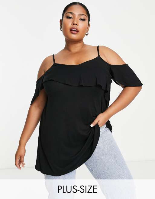 Nabo Cada semana Incomparable Blusa negra con hombros descubiertos y detalle de volantes de Yours | ASOS