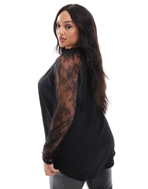 Blusa negra con lazada al cuello y escote en forma de corazón de encaje de Yours, 2 de 4