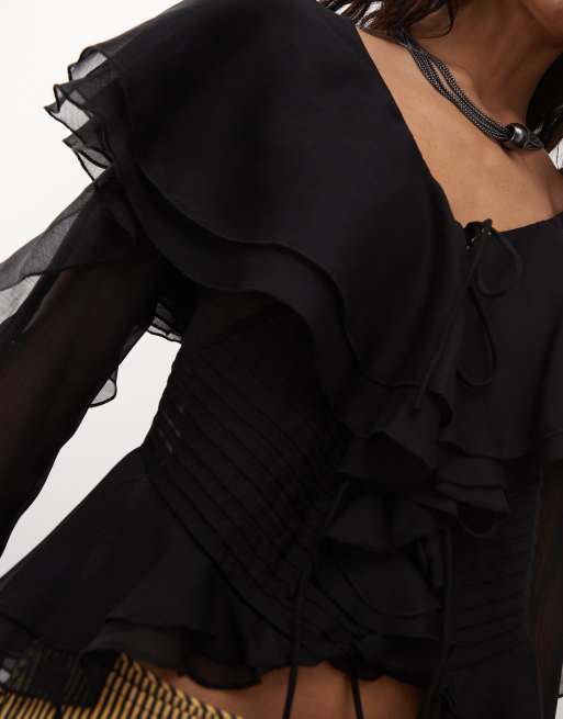 Blusa negra de estilo bohemio con volantes de Reclaimed Vintage, 3 de 4