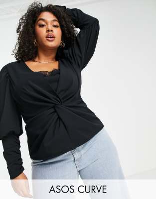 Blusa negra elástica con mangas voluminosas y detalle de encaje de ASOS DESIGN Curve