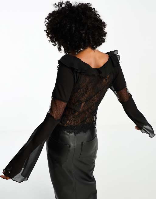 Blusa negra estilo mesonera de mezcla de encaje y chifón de ASOS DESIGN, 2 de 4