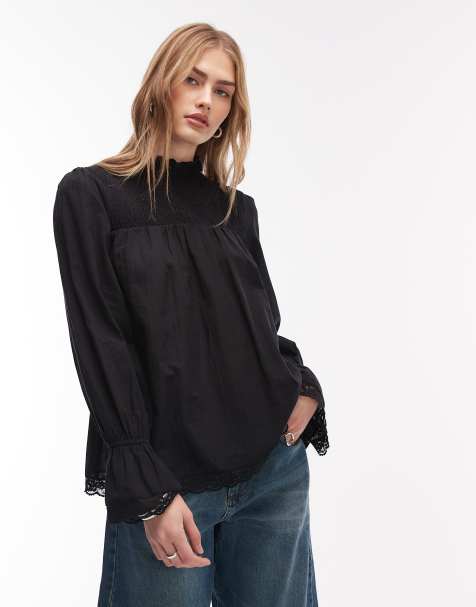 Blusa negra fruncida de estilo babydoll con ribete de encaje de ASOS DESIGN - view 1