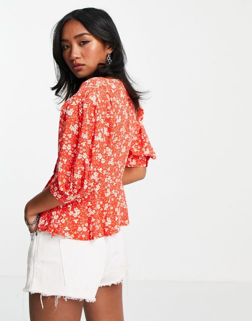Blusa roja manga abullonada hotsell